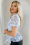 Light Blue Floral Wrap Blouse with Short Balloon Sleeves